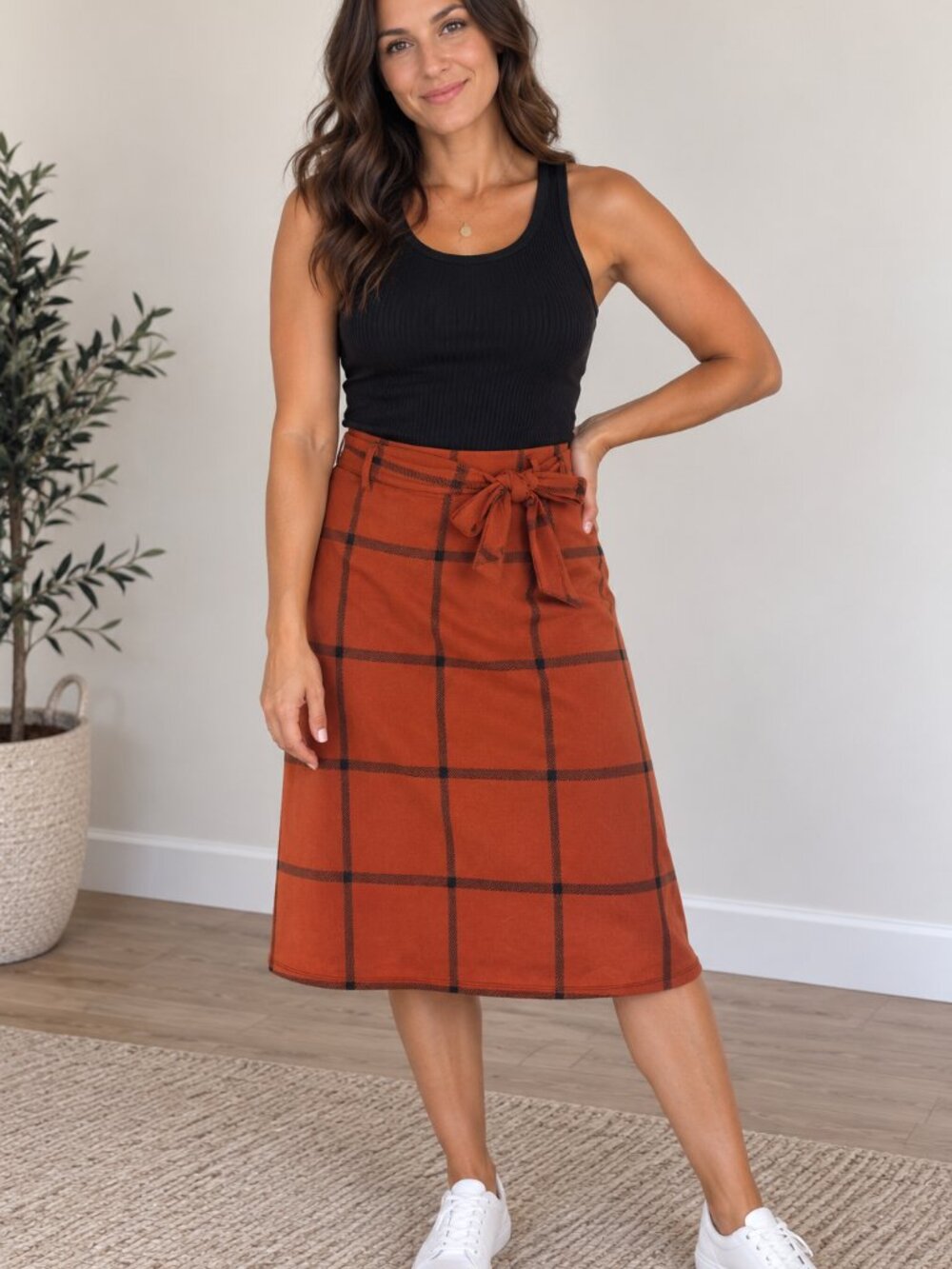 Tie-Waist A-Line Plaid Skirt in Rust Orange